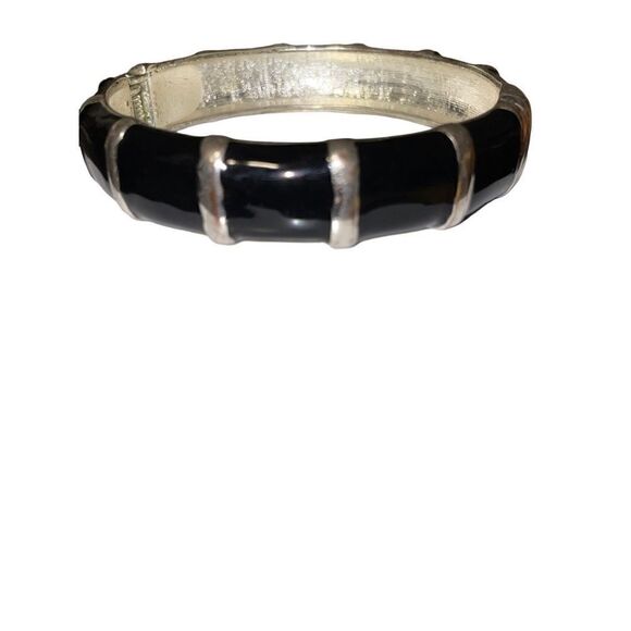 Vintage Black Onyx & Silver Enamel Hinge Bracelet - Picture 3 of 12